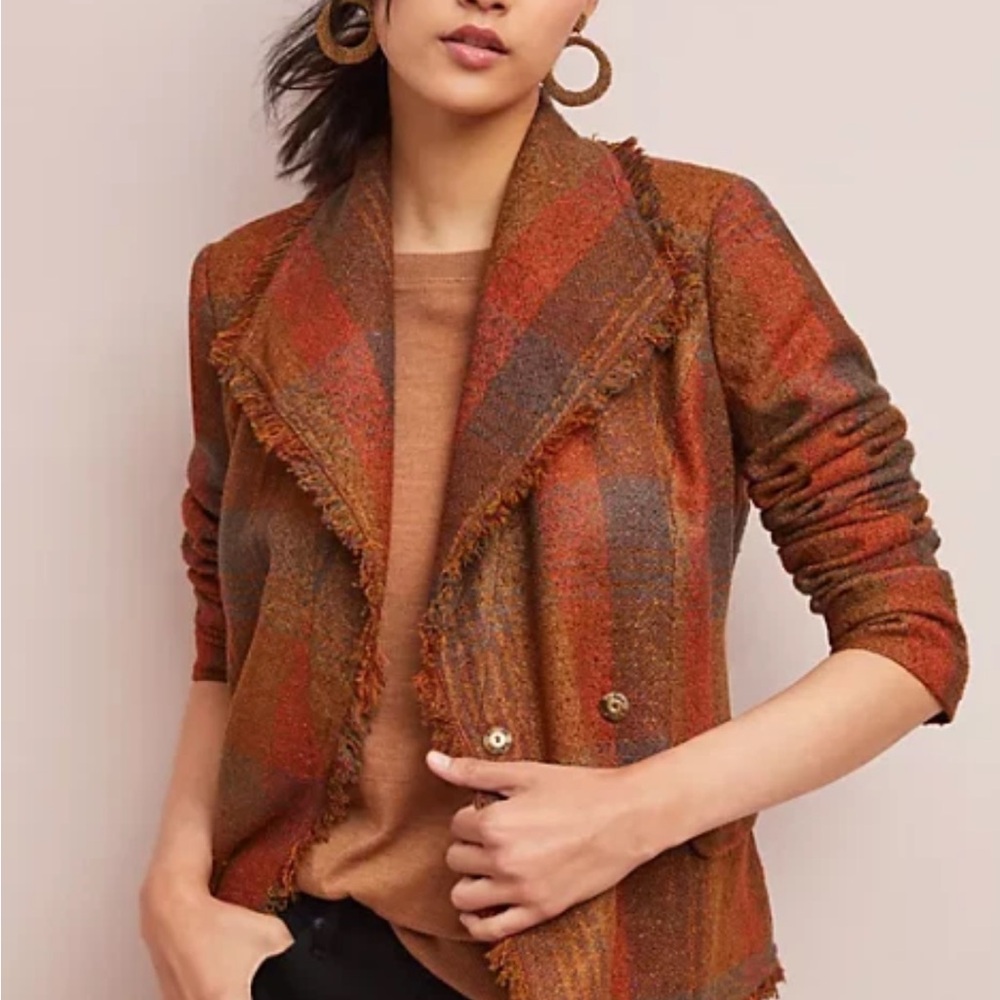 Anthropologie Cartonnier Plaid Preppy Brown Academia Fringed Tweed Blazer 14 - Picture 5 of 15